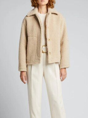 VINCE Beige Polyester Teddy Button Front Boxy Sherpa Jacket, Size XS